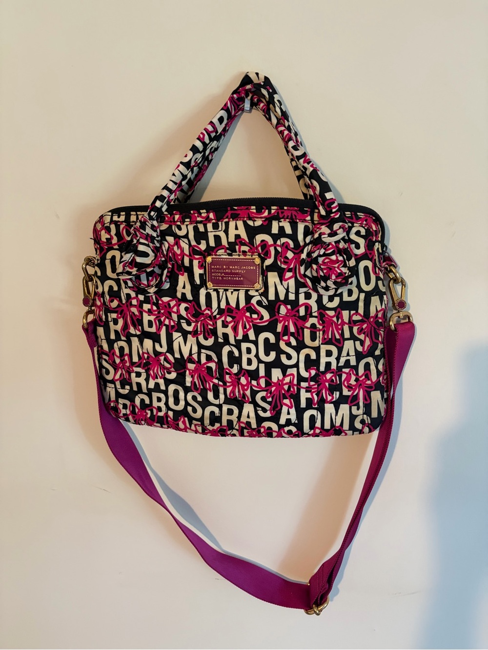 Marc by Marc Jacobs Black Canvas Logo Satchel with Hot Pink Accents